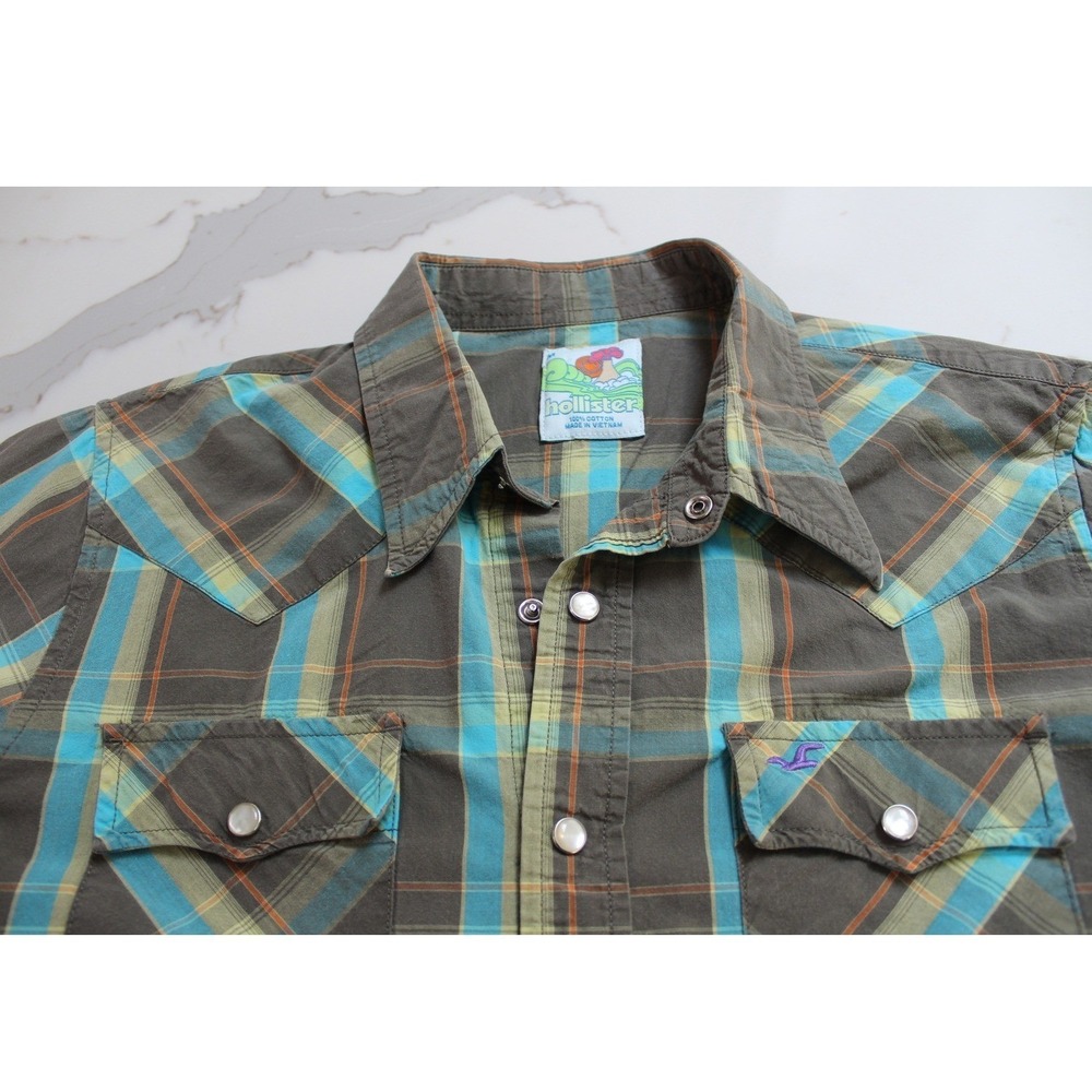Vintage Hollister Multi Color Western Plaid‎ Shirt Med Pearl Snap Button Cowgirl